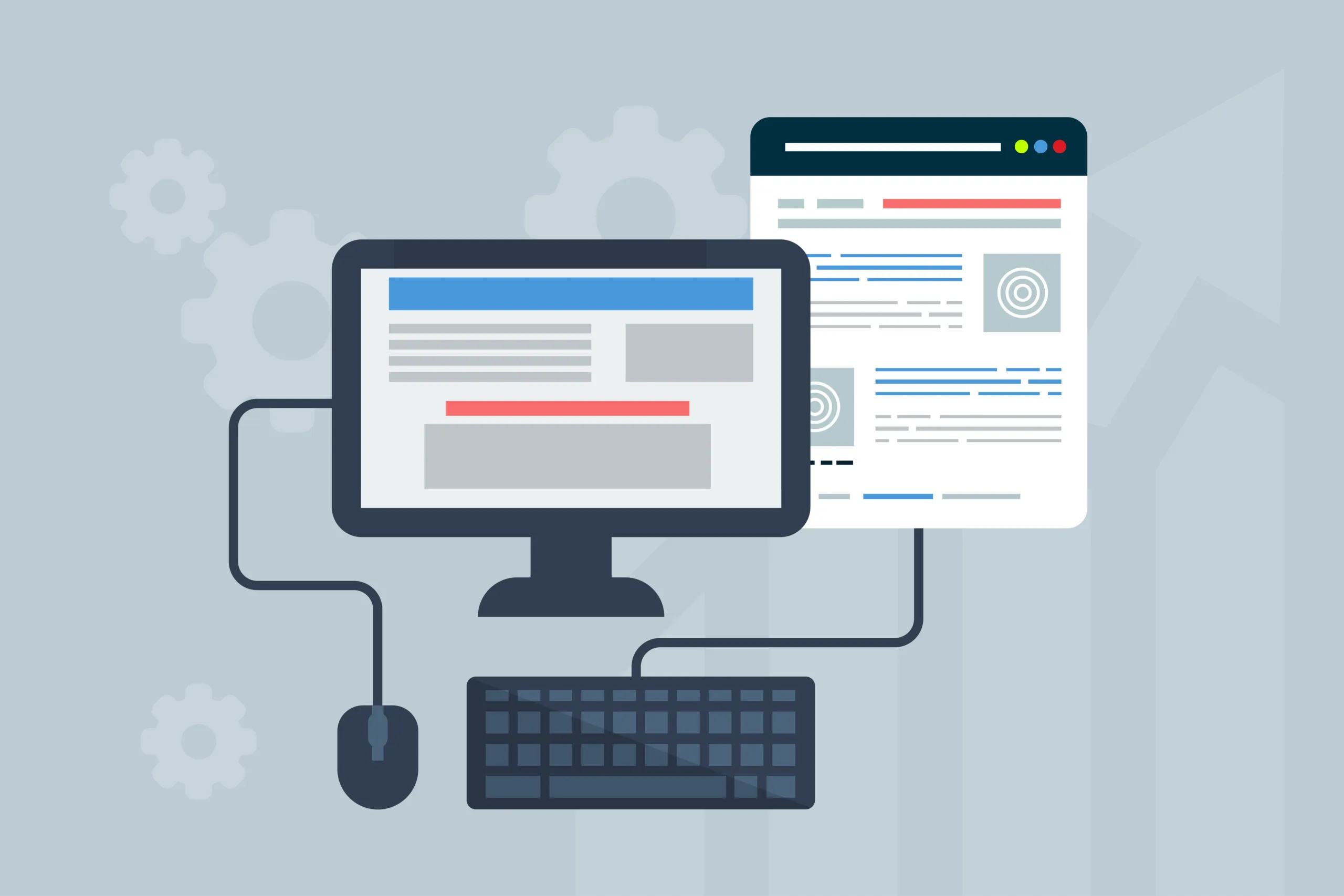 Illustration of a desktop computer, keyboard, and mouse displaying a wireframe website layout alongside a floating web browser window.