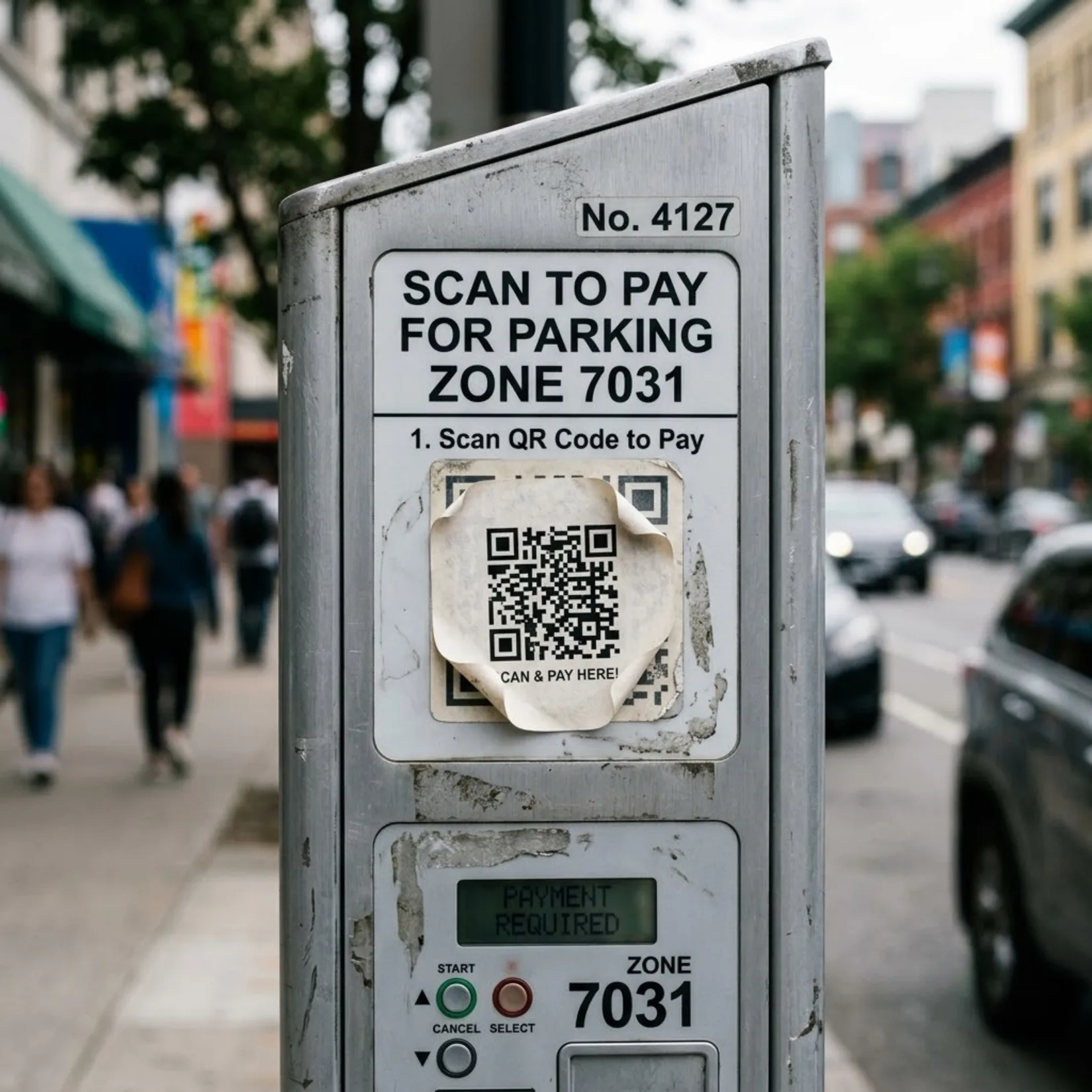 Parking payment machine with a QR code sticker, illustrating how criminals can use fake QR codes in quishing scams.