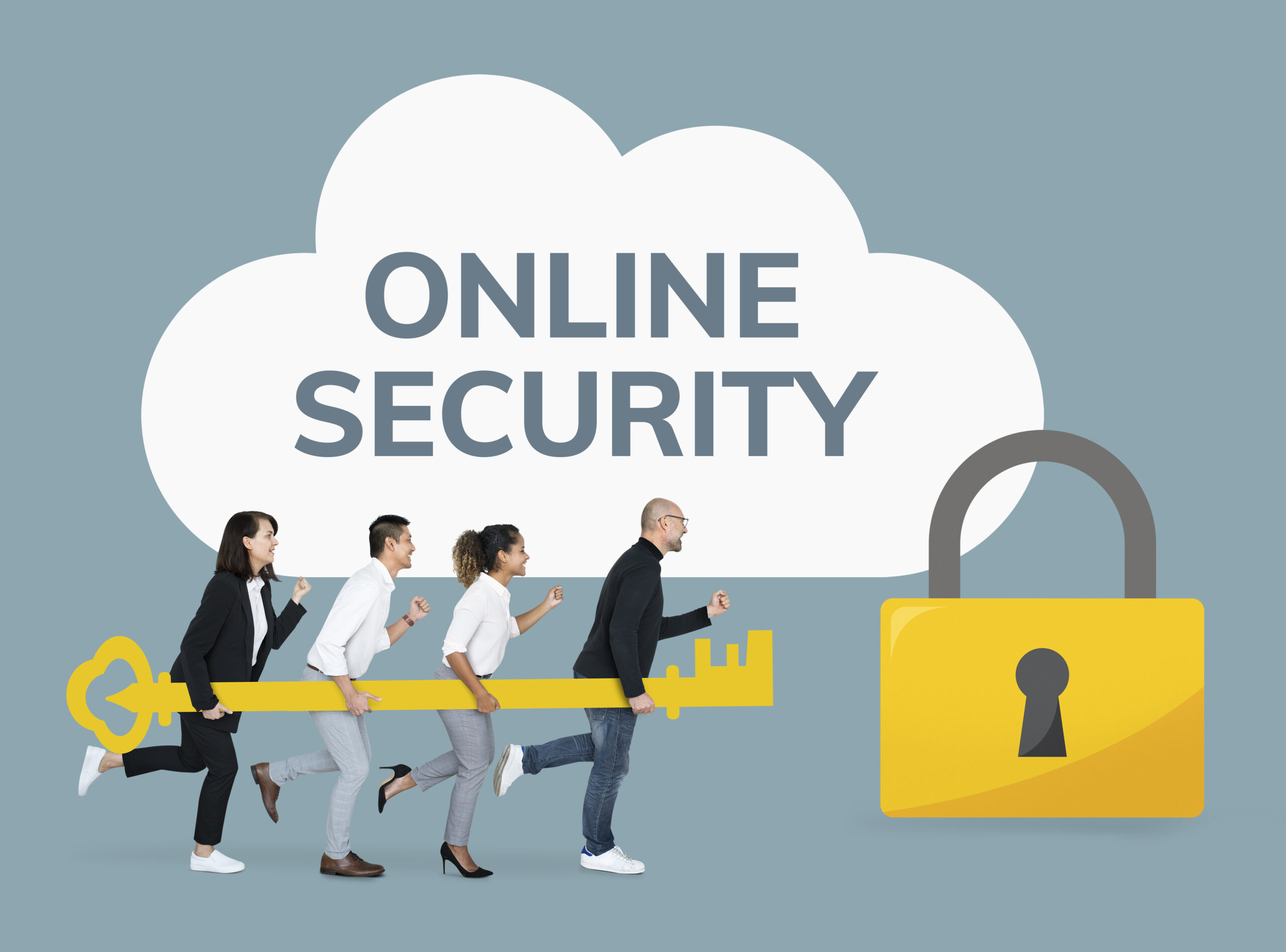 Illustration of four business professionals cooperatively carrying a giant yellow key toward a large closed padlock, beneath a cloud reading "ONLINE SECURITY".